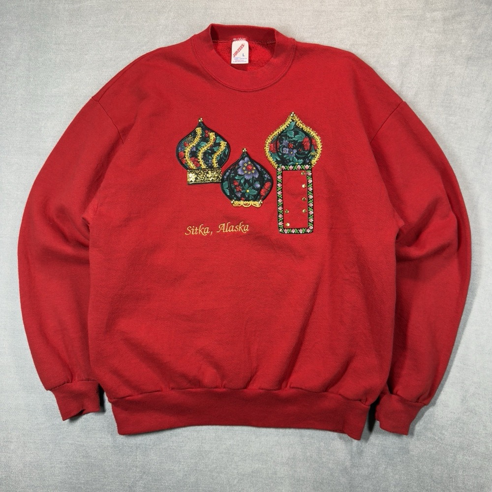 Vintage Jerzees Red Sitka Alaska Sweatshirt Adult Large USA Made Holidays Jewish